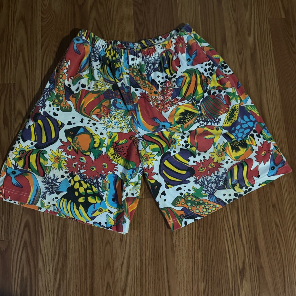 Vintage‎ Lisa International Art Fish Underwater Life Mosaic Shorts Sz L Cozy Y2k